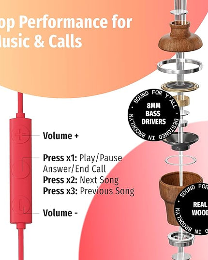 Symphonized Premium Wooden iPhone Earphones Wired (USB C) Deep Bass Sound, 3D Sound, Microphone Volume Control, 90% Noise Cancelling for Type C Devices. Earphones for iPhone 15 to 17 & Android