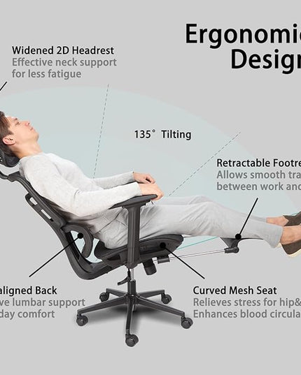 Ergonomic Office Chair with Footrest, 4D Adjustable Armrests, Comfy Swivel Rolling Mesh Computer Desk Chair with Lumbar Support, Wheels for Office, Home, Gaming, S2 Elite