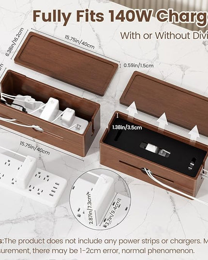 Extra Large Cable Management Box – Brown Double Layer Wooden Cord Organizer with Divider for Desk, TV Stand, Kitchen, and Office （NO Power Strips or Chargers）