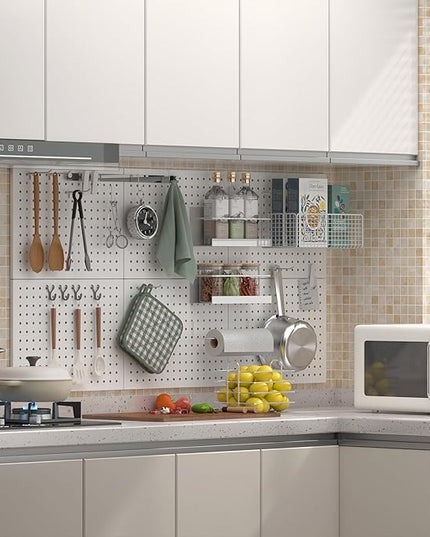 Metal Pegboard,4Pcs Peg Board Panels(12x16 inch) Wall Organizer with 8 Pieces Hooks,White Pegboard Panels Garage Tool Organizer with Screw for Entryway,Craft Room,Workbench