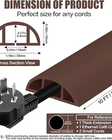 Floor Cord Cover Self Adhesive Cord Hider,10FT Cable Management, Extension Strip Protector for Wires, Prevent Cable Trips for Offices, Gyms, Exhibitions Cavity:0.39"(W) x 0.27"(H) Coffee