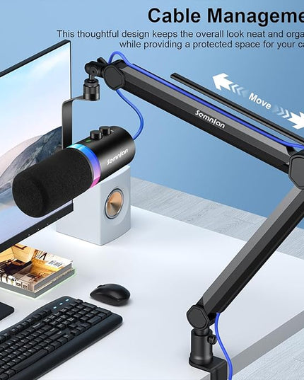 LM08 Mic Arm Stand, 360° Microphone Stand with Cable Management Channels, Desk Clamp, Thread Adapter, Fully Adjustable Built Podcast Mic Boom Arm for Streaming Gaming Recording Black