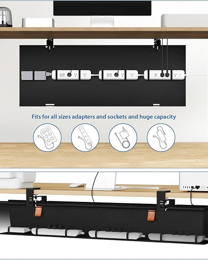 Zilink No Drill Under Desk Cable Management Tray 40" Cord Organizer for Table Clamp/Screw Mount Cable Management Under Desk Waterproof Fabric Cable Management Tray for Office, Home