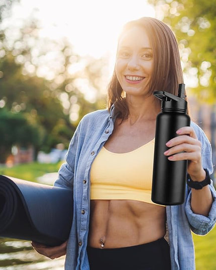 DOMICARE 40 oz Insulated Water Bottle Bulk, Vacuum Insulated Stainless Steel Sports Water Bottle with Straw Lid & Spout Lid, Leakproof, Reusable - Travel, Camping, Bike, Black (4 Pack)