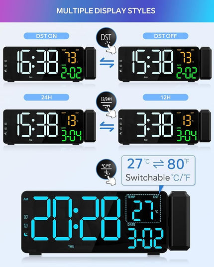 Projection Alarm Clocks, RGB Desk Clock with 180° Rotatable Projector 15 Color Display, Date Temperature and Weekday, DST, Snooze, Ambient Lighting for Living Room,Bedroom Bedside Office Decor