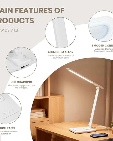 TECHNOVA LED Desk Lamp with 5 Color Temperatures | Sliding Stepless Dimming & One-Touch Timer | Foldable & Portable Design for Office/Study/Nail Art | USB Charging & Four-Axis Rotation for Small Desks