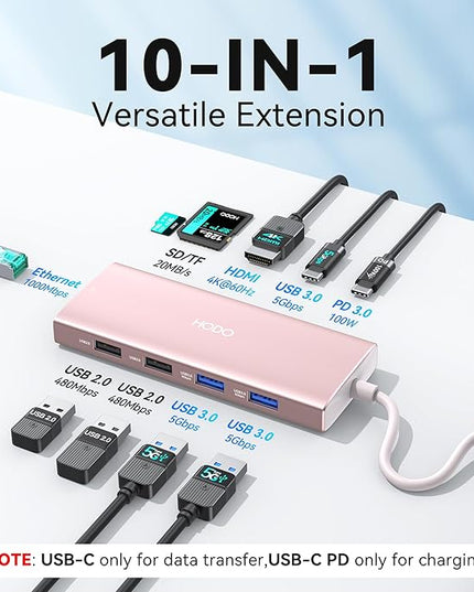USB C Hub Multiport Adapter, 10-in-1 Laptop USB C Docking Station for Dell/HP Laptop, Type C Dock to 4K HDMI,Ethernet,100W PD,3USB 3.0, 2USB 2.0, SD/TF, Thunderbolt Dock for MacBook, Surface, Lenovo
