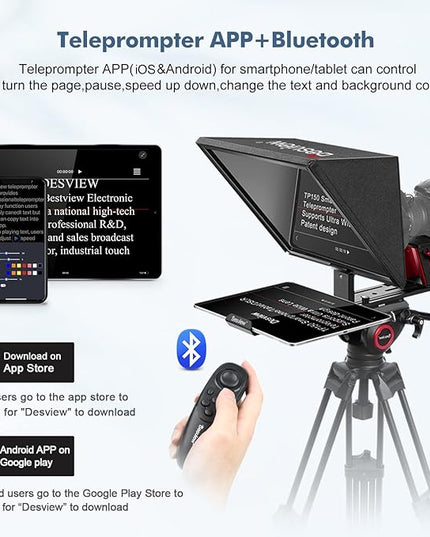 Desview TP150 teleprompter 15 inch High Display Mirror Aluminum Alloy Teleprompter with Remote Control Compatible with ipad DSLR Camcorders Easy Assembly with Carry Case for Video Making
