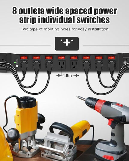 Heavy Duty Power Strip with Individual Switches,8 Outlets 14 Gauge Industrial Shop Garage Metal Multiple Outlets,1200J Surge Protector Mountable Power Strip,10FT Extension Cord Management(Black)