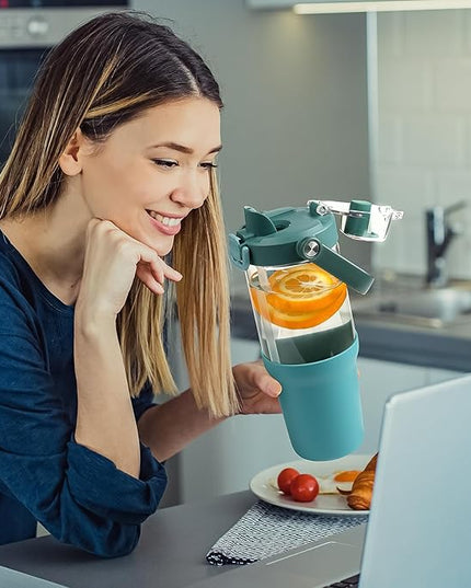 Glass Tumbler with Carry Handle, Clear Glass Water Bottle with Leakproof Lid, Spout Lid&Straw, BPA-Free, 32 oz, Peacock Blue