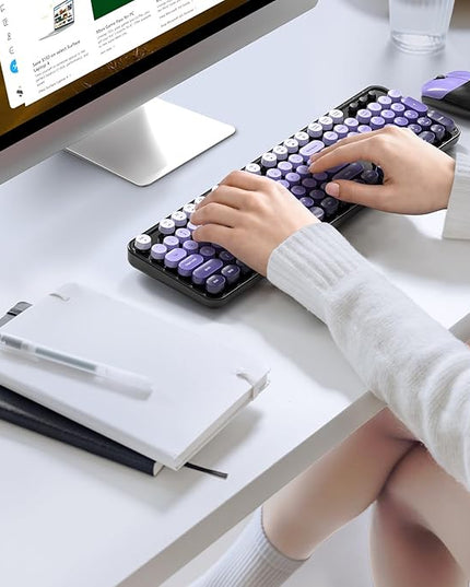MOFII Wireless Keyboard and Mouse Combo, Full Size 2.4G Plug and Play Typewriter Retro Round Computer Keyboard and Mouse Set for Windows, Computer, Desktop, PC, Notebook - (Black Purple Gradient)