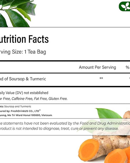 FreshDrinkUS, Premium 60 Soursop Turmeric Tea Bags, 100% Natural, Blend of Soursop Leaves, and Turmeric Root. Made with Natural Material Tea Bags. No Sugar, Vegan. | Premium, 100% Natural, No Sugar, Vegan