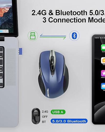 TECKNET Wireless Mouse (BT5.0/3.0 & 2.4G) Rechargeable 4800 DPI Silent USB A & Bluetooth Mouse 6 Buttons, Wide Compatibility - Blue