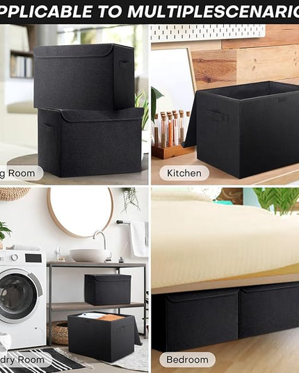 Large 17" 42 Quarts Collapsible Stackable Storage Bins with Lids [3-Pack] Foldable Fabric Linen Storage Boxes Cube, Closet Organizer Baskets with Label (16.7 x 12 x 12, Black)