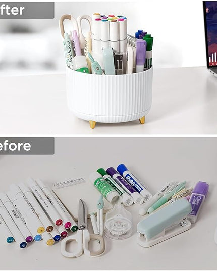Desk Organizers and Accessories Set with 360-Degree Rotating Pen Holder, Acrylic Stapler, Tape Holder, Staple Remover, Binder/Paper Clips Kit, Scissor and 1 Box of Staples