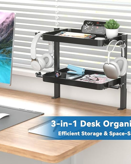 KDD Clamp On Desk Organizer - Adjustable 2-Tier Above or Under Desk Shelves with Large Capacity Tray, Phone & Tablet Holder, Headphone Hook - No Drilling Desktop Storage for Office & Home Accessories