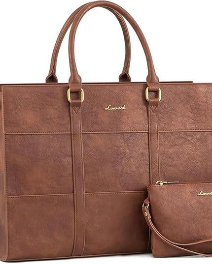 LOVEVOOK Laptop Bag for Women, 15.6 Inch Laptop Tote Bag, Vintage Leather Work Bags for Women, Waterproof Computer bag with Clutch Purse, Large Capacity Briefcase, Business Office Bag