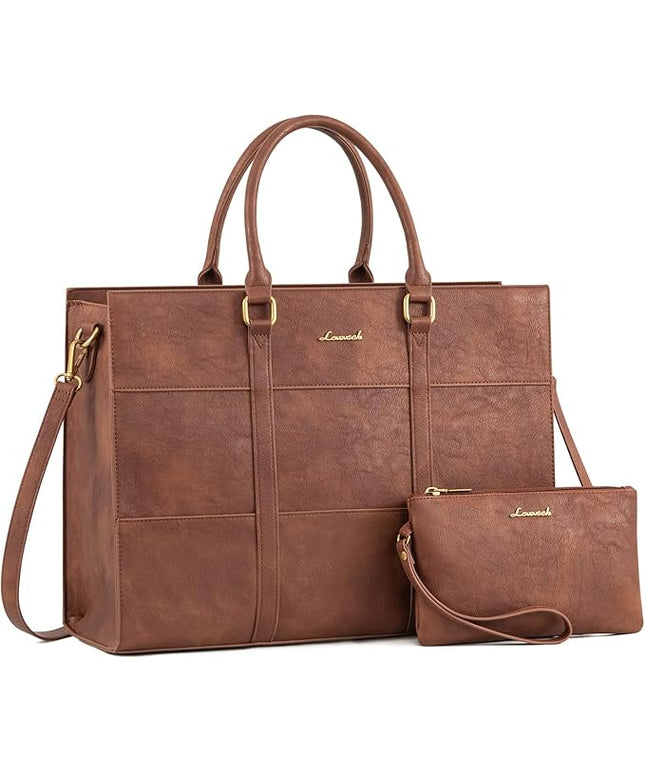 LOVEVOOK Laptop Bag for Women, 15.6 Inch Laptop Tote Bag, Vintage Leather Work Bags for Women, Waterproof Computer bag with Clutch Purse, Large Capacity Briefcase, Business Office Bag