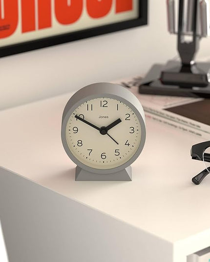 JONES CLOCKS® Midnight mini Alarm Clock | Contemporary Design | Gray | Stylish, Compact and Functional for Bedside, Desk or Shelf