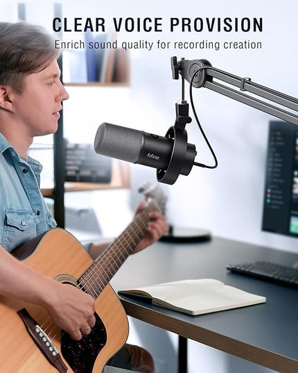 FIFINE Dynamic Podcast Microphone Set with Boom Arm Stand, Studio XLR/USB Microphone for Recording Vocal Streaming, Metal Mic with Mute Tap, Headphone Jack, Heavy Duty Boom Arm-K688T