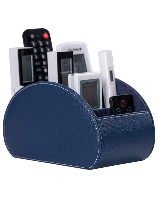 Remote Control Holders Organizer Box with 5 Compartment PU Leather Multi-functional Office Desk Storage Caddy Store Tv Remote for Media Player,Brush,Pencil,Glassees&Office Supplies (Dark Blue)