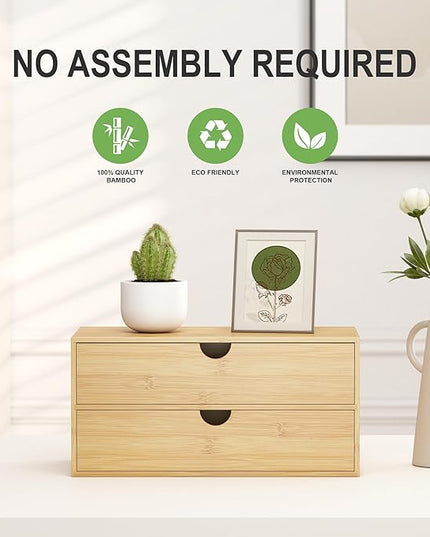 Bamboo Desk Organizer with Drawers - Small Desktop Storage Container for Countertop & Tabletop - No Assembly Required