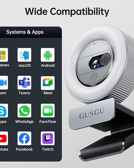 GUSGU G910 Pro 4K Ultra HD Webcam for PC, Auto Focus, with Microphone & Light & Privacy Cover, Web Camera for Desktop Computer/Laptop/MacBook, USB Streaming Camera