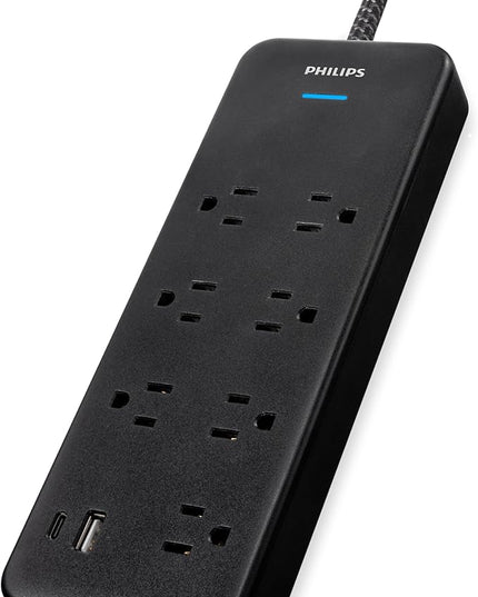 Philips 7-Outlet Adapter Spaced Surge Protector, 4ft Braided Cord, Power Strip with USB Charging, for Home School and Office, 1USB-A, 1USB-C, 1500J, Black, SPP9643B/37