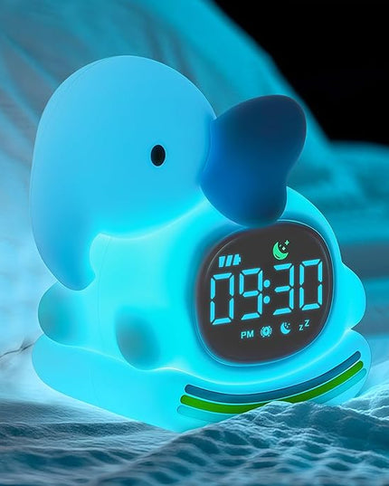 Alarm Clock for Kids with Night Light, Sleep Training Clock Time to Wake Clock, Rechargeable Silicone Light for Bedroom, Perfect Sleep Companion for Boys Girls，Blue Elephant