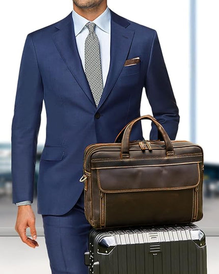 Masa Kawa Leather Briefcase for Men 15.6", 17" Laptop Computer Case Business Travel Work Messenger Cross Body Shoulder Bag