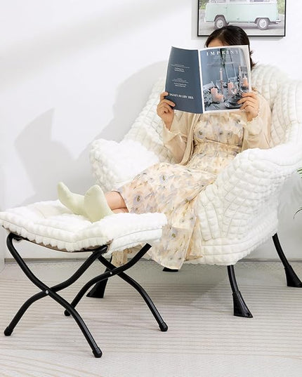 HollyHOME 15"(H) Folding Footrest Stool, Upholstered Small Foldable Ottoman, Accent Padded Sofa Foot Stool for Lazy Chair, Metal Portable Foot Rest Ottoman for Living Room, Bedroom, Faux-Fur White