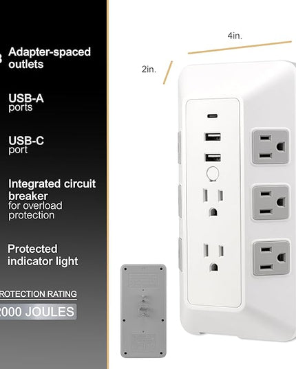 GE 8-Outlet Surge Protector with USB, Outlet Extender, 2 USB-A, 1 USB-C, Adapter Spaced, Multi Plug, Charging Station, for Home School and Office, 2000 Joules, White/Gray - 73654
