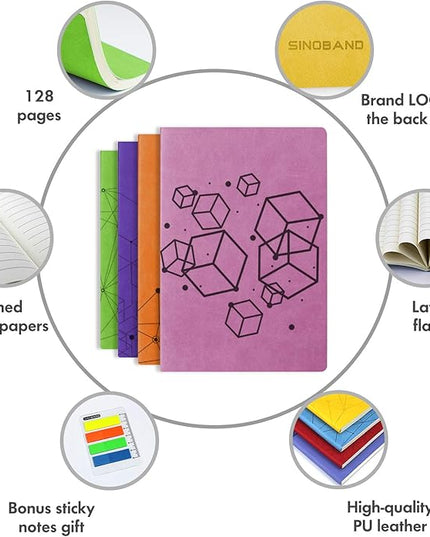 SINOBAND 4 Pack Notebooks for journaling,Colorful Subject Notebooks Set with Geometric Graphics Pattern,PU Leather Notebook writing journals with lined paper for School and Office(Random Colors)