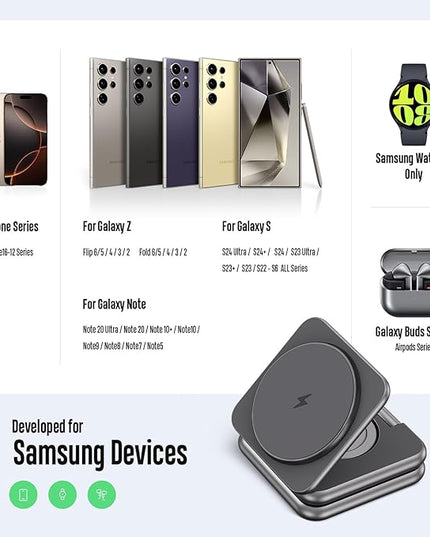 KU XIU Wireless Charger for Samsung,Aluminum Alloy Foldable 3 in 1 Wireless Charging Station for Samsung Galaxy S25 Ultra S24 S23 Note Z Fold 7 Flip/Buds,Fast Charger for Galaxy Watch Ultra 7 6 5 4