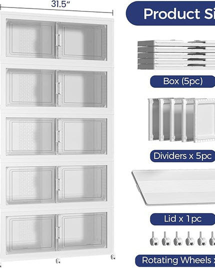 250Gal Stackable Storage Bins with Lid, 1000Qt Extra Large Collapsible Storage Box with Wheels, Dividers, Folding Plastic Cabinet Closet Organizers for Home Kitchen Office Dorm, 5Pack White