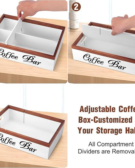 Wooden Coffee Organizer Holder with Divided Sections & Cutout Handle, Farmhouse Coffee Bar Organizer for Pods, Cups, Lids, Syrups, Stirrers & Accessories – Ideal Gift for Home or Office-White