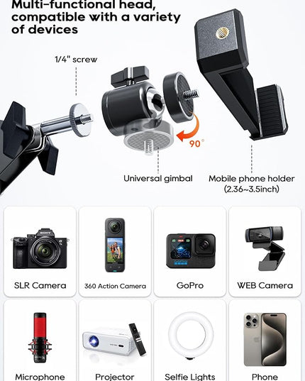 Overhead Camera Mount, 5lb Horizontal Load-Bearing, 360° Adjustable Stand for Desk, Flexible Arm Desk Mount, with Phone Clamp, Tabletop Mount for DSLR Camera/Webcam/Microphone（White