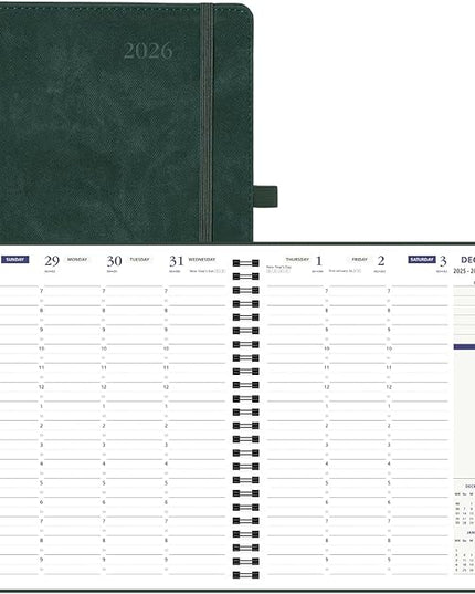 POPRUN 2026 Weekly Planner 30-Mintue (Medium 7'' x 8.5'') - From Jan 2026 to Dec 2026 - Two Pages Per Week Appointment Book with Monthly Tabs, Softcover, Inner Pocket, Pen Holder - Dark Green