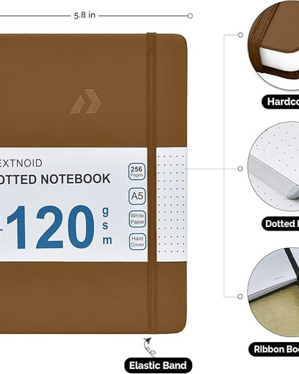 Nextnoid Hardcover Dotted Notebook Journal - 120 GSM Thick Paper, Medium A5(5.7" x 8.3"), 256 Pages - Perfect For Handwriting, Diagrams, Note-Taking and To-Do Lists (Dot, Brown)