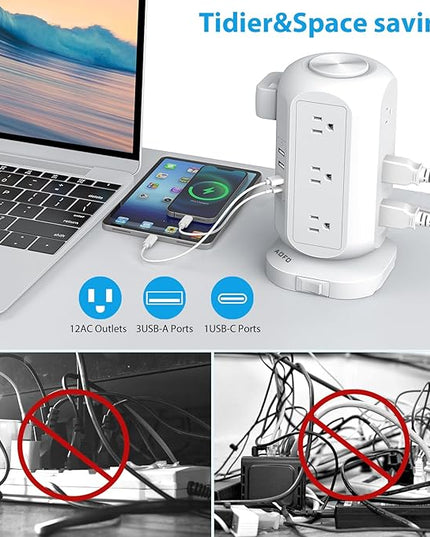 15 ft Long Extension Cord Power Strip Tower,AOFO Surge Protector 12 AC Outlets 4 USB(1 USB C) Ports, Charging Tower Overload Protection with Multiple Outlets for Home Dorm Office
