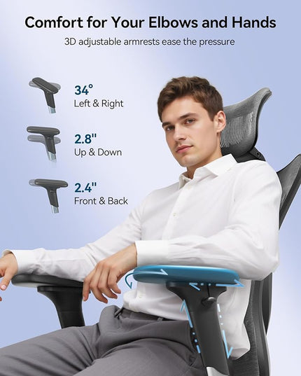 SIHOO M57 Ergonomic Mesh Office Chair, High Back Home Desk Chair with 3D Armrests, Lumbar Support and Adjustable Headrest, Comfortable Computer Chair, Big & Tall Office Chair Hold 330 LBS-Grey
