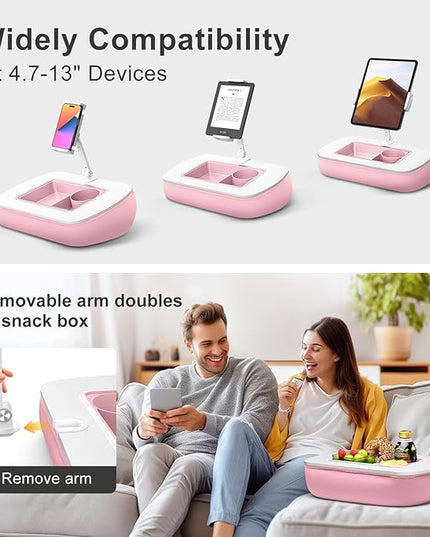 Tablet Pillow Stand for Lap Use with Snack Bowl and 360° Rotating Arm, Adjustable iPad Holder for Bed, Couch, and Recliner, Compatible with 4.7"-13" Kindle, iPad, Tablet, Phone,Pink