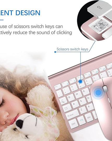 Wireless Keyboard and Mouse Ultra Slim Combo, TopMate 2.4G Silent Compact USB 2400DPI Mouse and Scissor Switch Keyboard Set with Cover, Batteries Included, for PC/Laptop/Windows/Mac - Rose Gold White