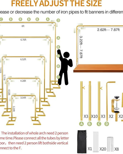 8.2FT Square Arch Backdrop Stand,Metal Gold Backdrop Stand Heavy Duty Adjustable,Extra 2 Clamps Change Over The Table Rod Stand,Wedding Balloon Arch Stand for Valentine Parties Decoration