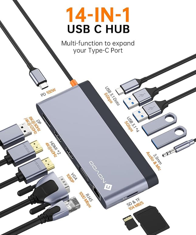 USB C Docking Station Quad Display, 14-in-1 Laptop Docking Station Dual Monitor, 8K@30Hz DP, Dual 4K@60Hz HDMI, VGA, 5 USB Data Ports, 100W PD, Ethernet, SD/TF, Mic/Audio, USB C HUB, Thunderbolt Dock