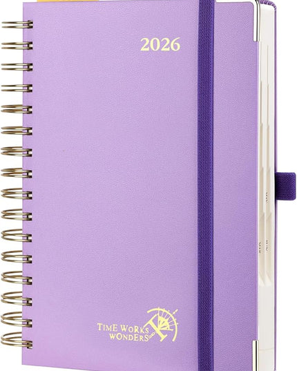 POPRUN 2026 Daily Planner One Page A Day - [8.5" x 5.75" Wire-Bound Hard Cover] Agenda 2026 Hourly Appointment Book with Monthly Calendar, Inner Pocket, Ivory Paper - Violet