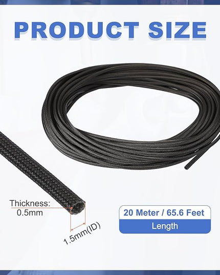 uxcell Insulation Cable Protector,1.5mm/0.06 Inch-20m/66 Feet High Temp Fiberglass Sleeve Black