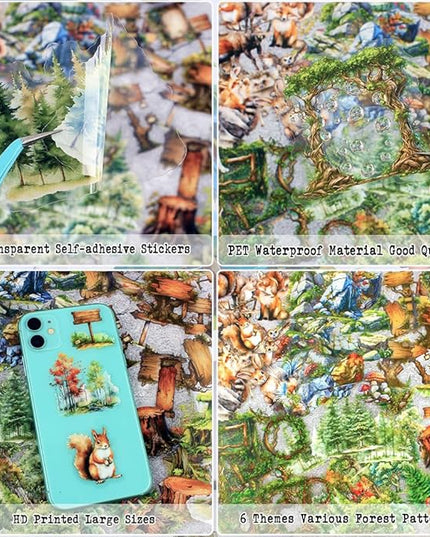 Dwpetzo 150Pcs PET Forest Landscape Stickers for Journaling and Scrapbooking, 6 Themes with Pine Trees Woodland Animals Wooden Stumps Moss Nature Scene Stickers for Junk Journal Supplies, Collage