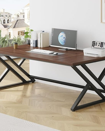 LVB Walnut Large Office Desk, Modern Long Wood Metal Computer Desk, Industrial Rustic Double Workstation Desk for Two People, Vintage PC Executive Work Study Writing Computer Table for Home, 78.7 in