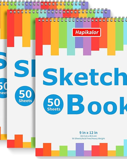 3-Pack 50 Sheets 9" x 12" Sketch Book, Spiral Bound Art Sketchbook, Bulk School Supplies for Kids, Acid Free Artist Easel Drawing Paper Pad for Drawing Painting Writing Sketching